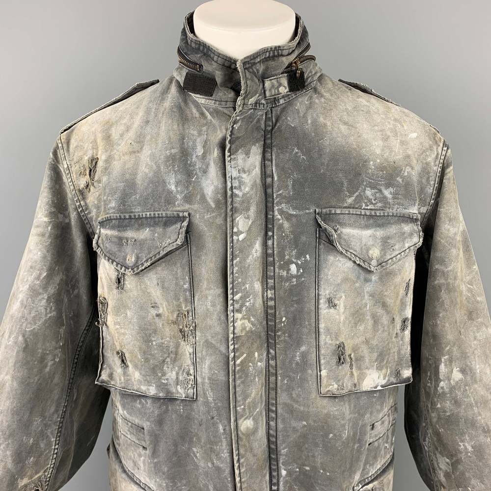 R13 Gray Distressed Cotton Destroyed Military Hooded Jacket - Picture 2 of 7